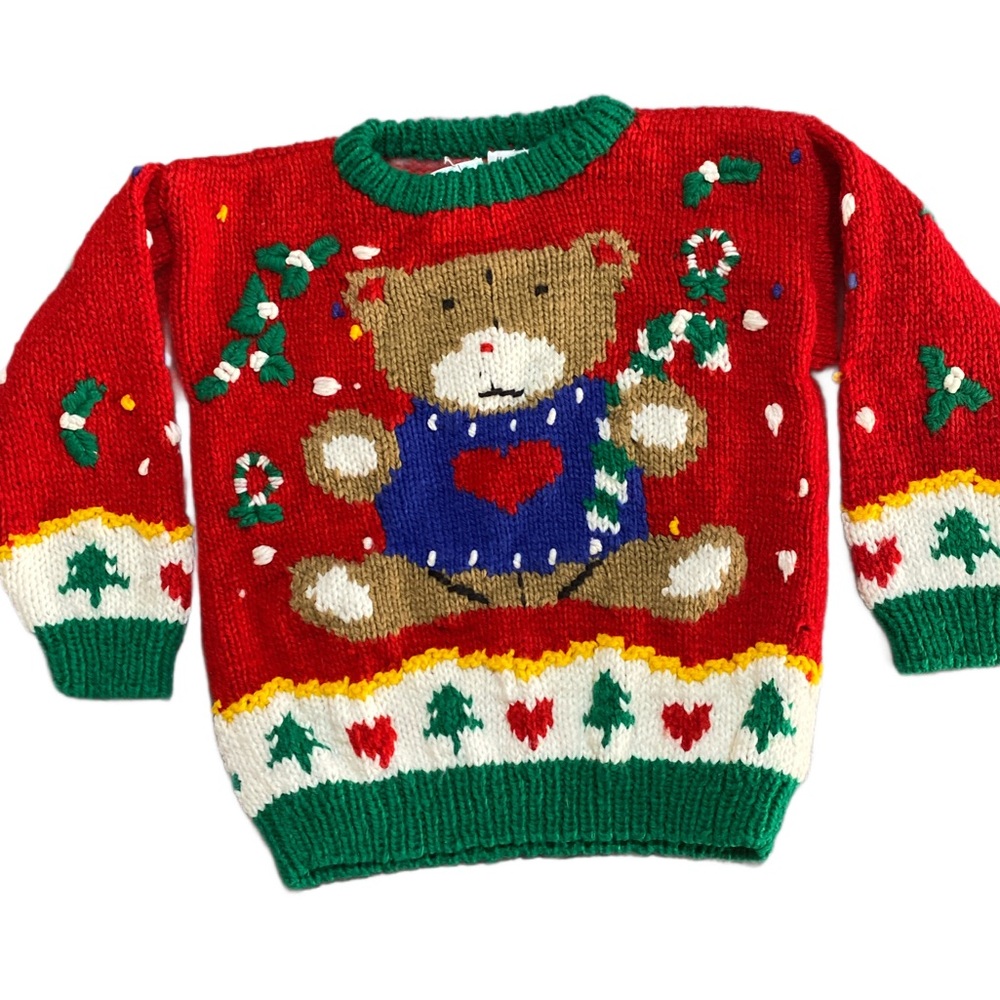 Vintage Badge‎ Bear Handmade Knitted Novelty Christmas Tree Kids Sweater Sz 5